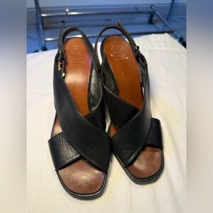 Tory Burch Black Leather Wedge Sandals